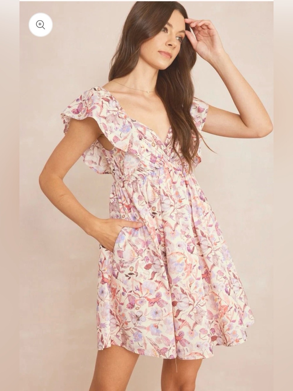 Pastel Pink Floral Ruffle V-Neck Mini Dress